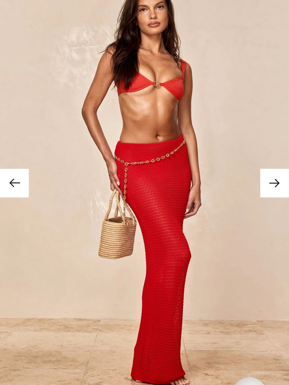 Monday Swimwear Red Crochet Maxi Skirt with Gold Chain